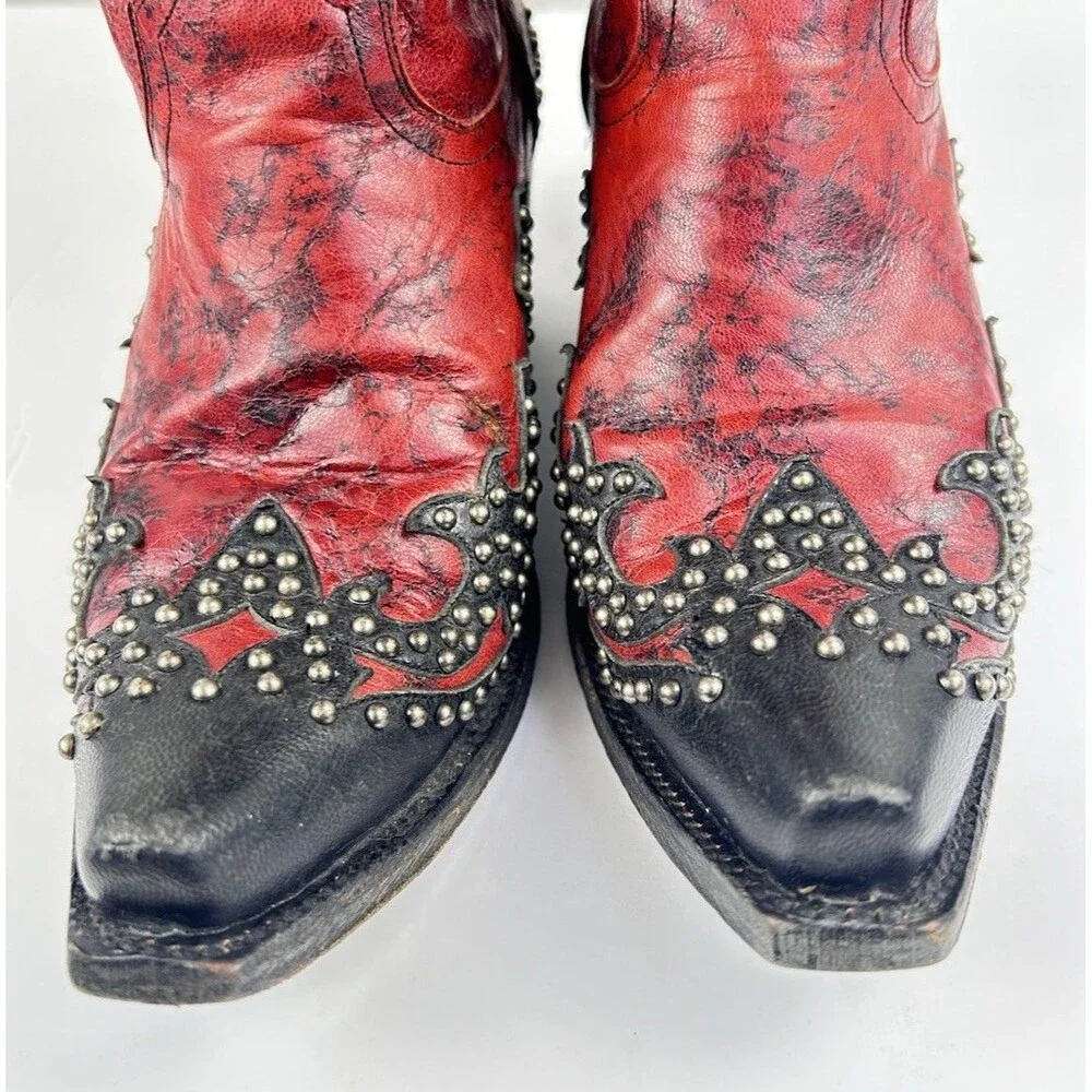 LANE Stephanie  Womens Red and BLack Studded Leather Cowboy Boots Size US 6 RARE